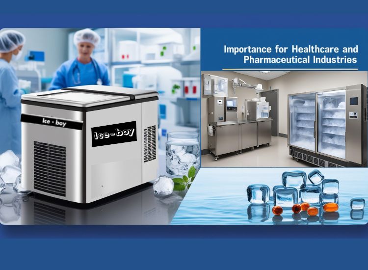 A state-of-the-art Ice-boy machine in a pristine healthcare setting, producing clear, bacteria-free ice used for preserving medications, cooling samples, and ensuring patient safety.