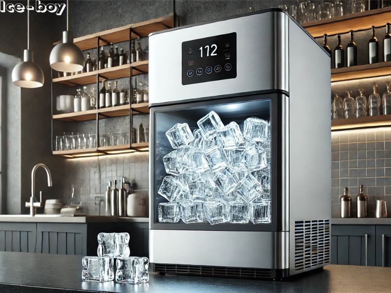 An ice maker machine that produces crystal clear ice cubes in a pristine, sophisticated kitchen of an upscale restaurant.