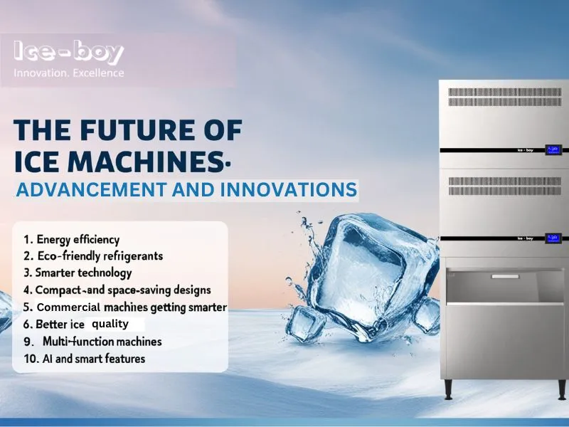 A promotional image for modern ice machines featuring a clean, icy blue background with an ice cube and two stainless steel ice machine models. Text highlights advancements in ice machine technology, including energy efficiency, eco-friendly refrigerants, smarter technology, compact designs, better ice quality