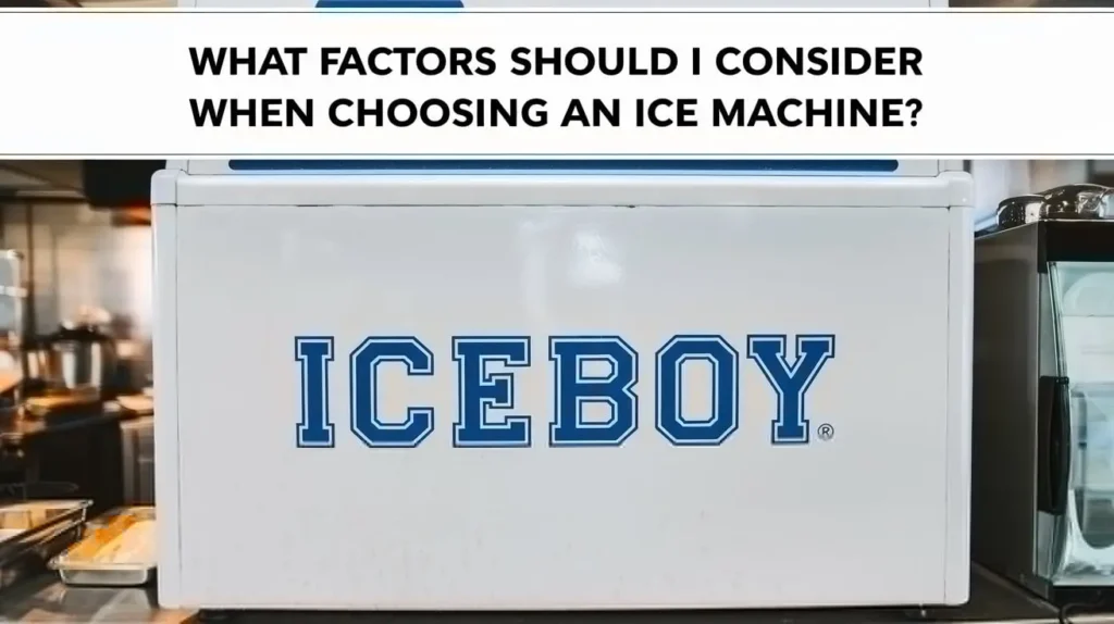 A white Iceboy-branded ice machine in a modern kitchen setting with bold text above reading, "What factors should I consider when choosing an ice machine?"