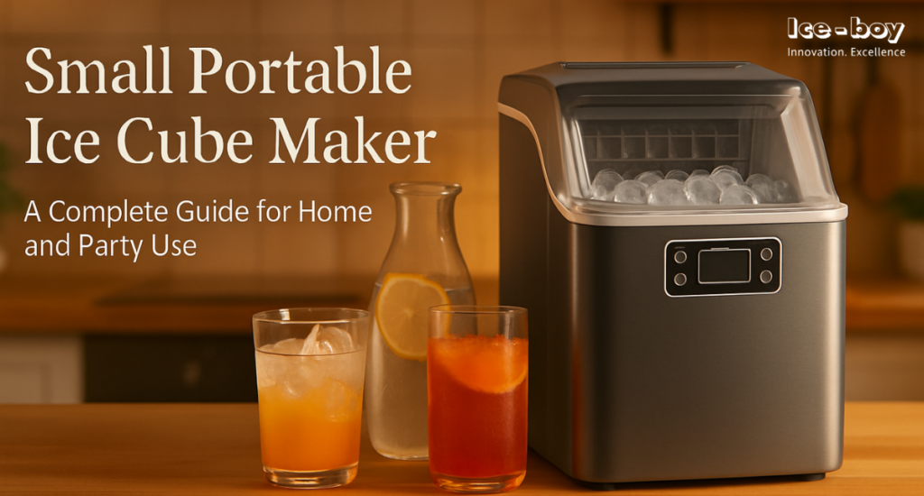Small portable ice cube maker producing clear ice cubes for home and party use.