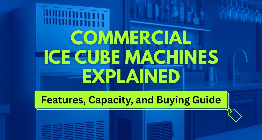 Commercial ice machine producing clear cube ice in a restaurant kitchen.