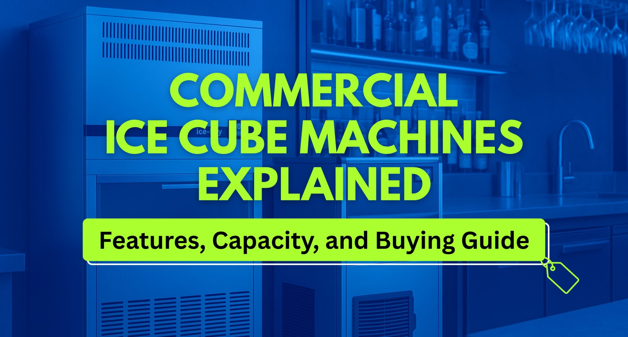 Commercial ice machine producing clear cube ice in a restaurant kitchen.