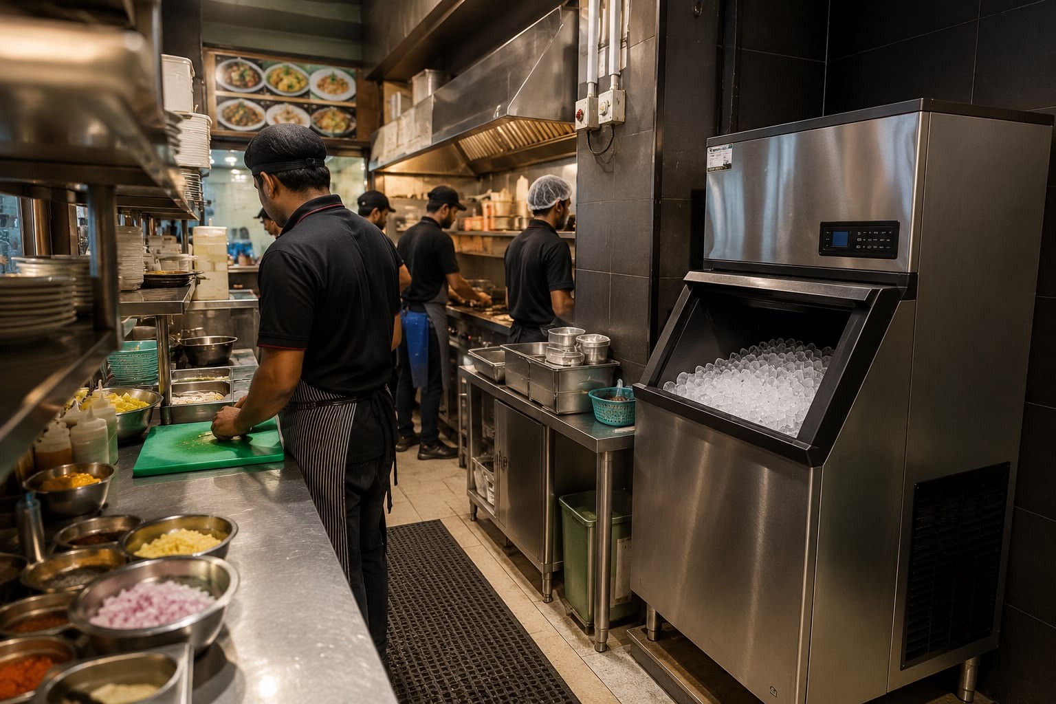 Commercial ice machine production in a Mumbai restaurant kitchen